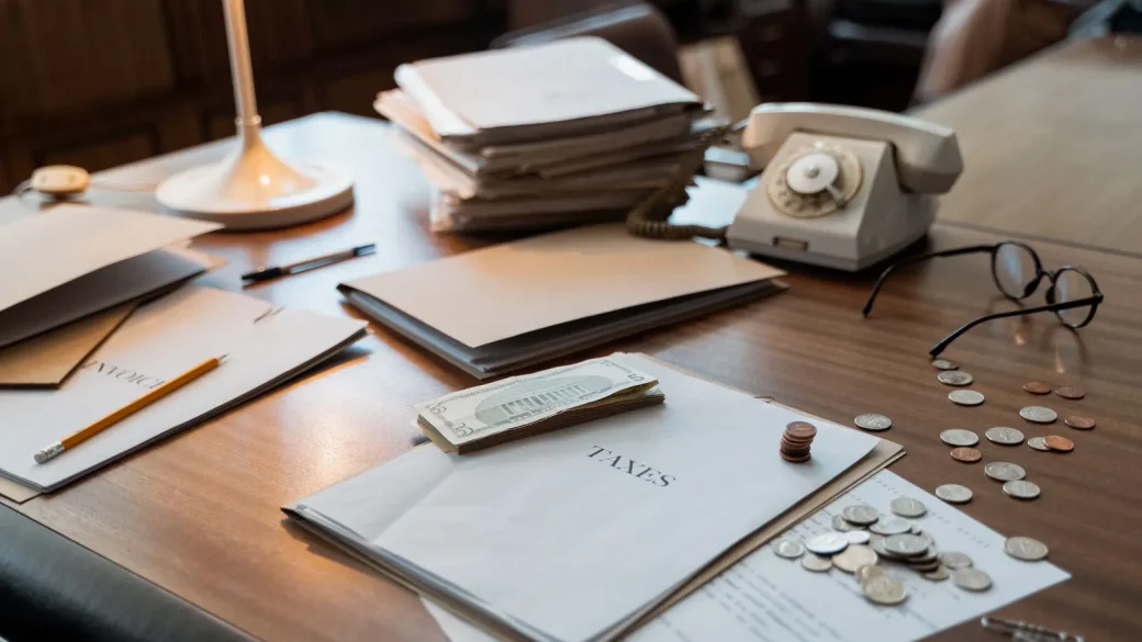 tax paperwork and a calculator on a desk